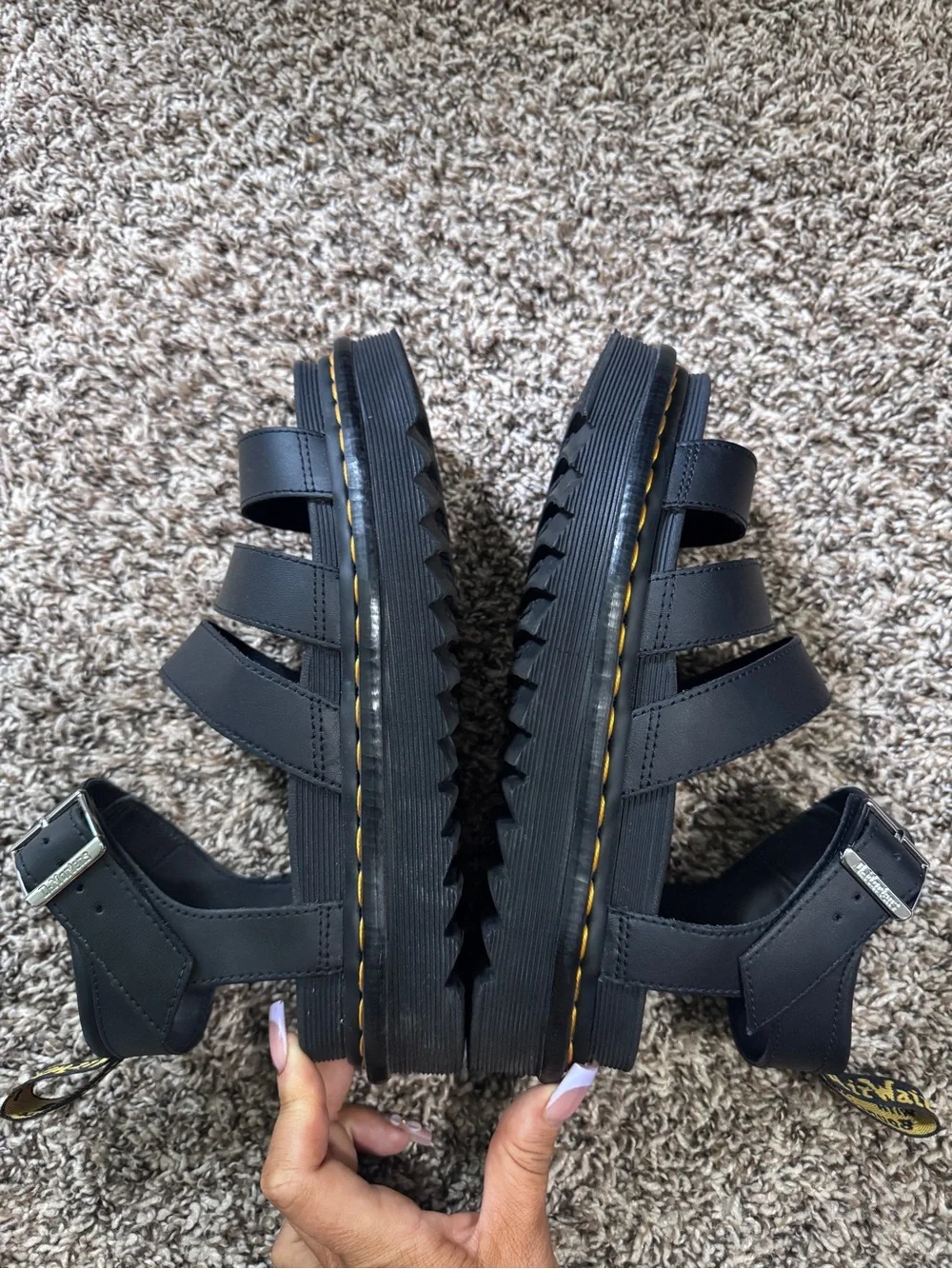 Dr. Martens AirWair Black Platform Sandals with Yellow Stitching